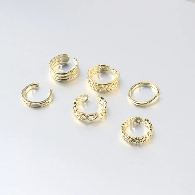 6Pcs/Set Gold Color Adjustable Toe Ring Simple Open Ring Set Women Knuckle Stackable Open Band Hawaiian Beach Foot Jewelry