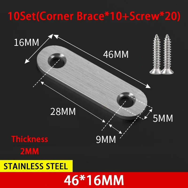 Straight Corner Brackets with Screws Stainless Steel 2mm Thickness for Shelves Wood Furniture Repair 10Set