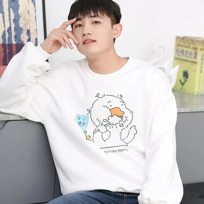 Cartoon Duck Printed Couple Clothing Women O-Neck Loose Cotton Plush Sweatshirts Autumn Winter Warm Casual Pullovers Streetwear