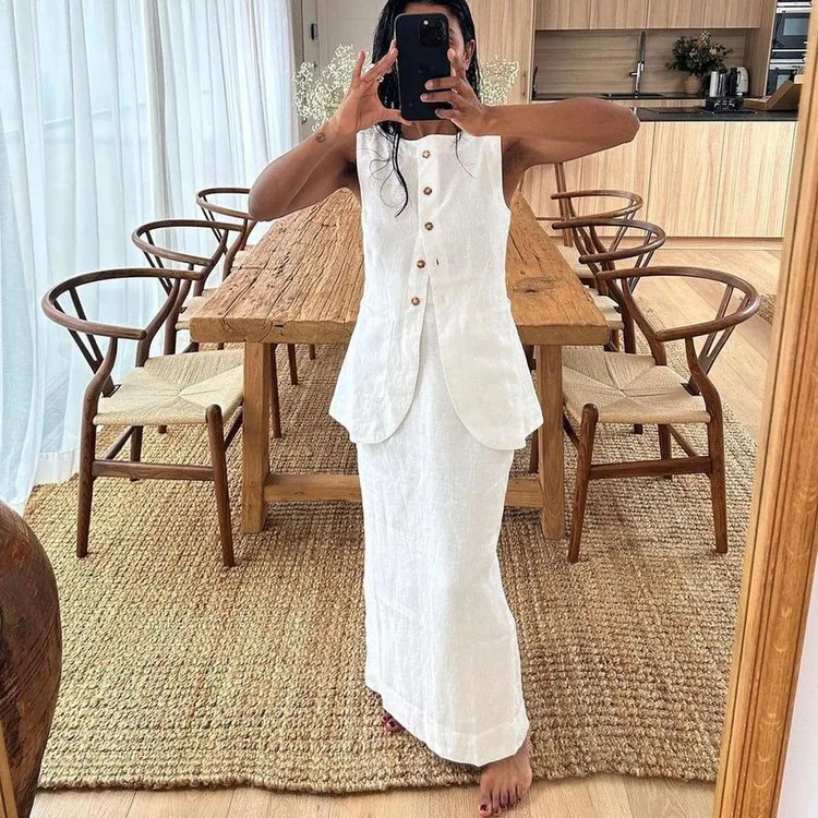 Conjunto de 2 piezas de falda larga blanca de cintura alta para mujer: top ajustado sin mangas y falda larga informal, conjuntos de patchwork para mujer