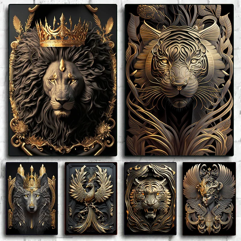 Golden Art Lion King Dragon Kraken Gorilla Metal Sculpture Poster Print Canvas Painting Animal Wall Art Room Decorazione Della Casa