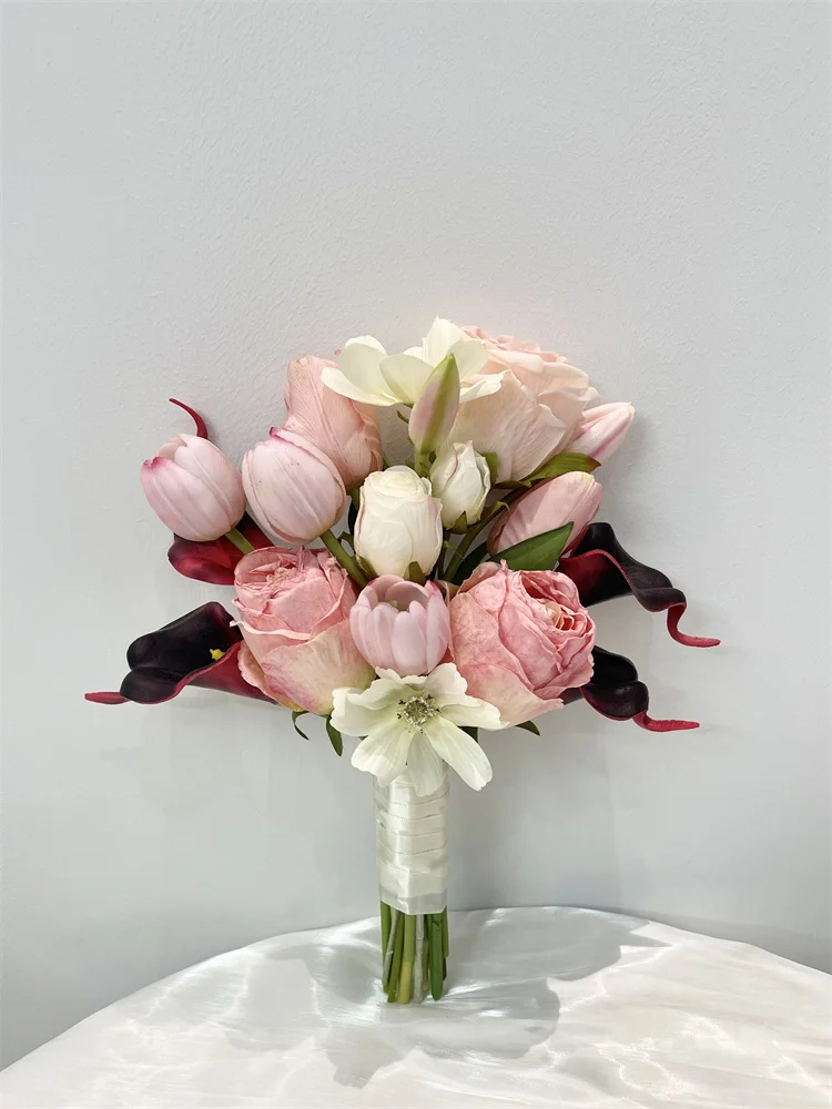 NEW Pink Real Touch Roses Forest series wedding props, simulation holding flowers, rural Wedding Bride Bouquet ramo de boda