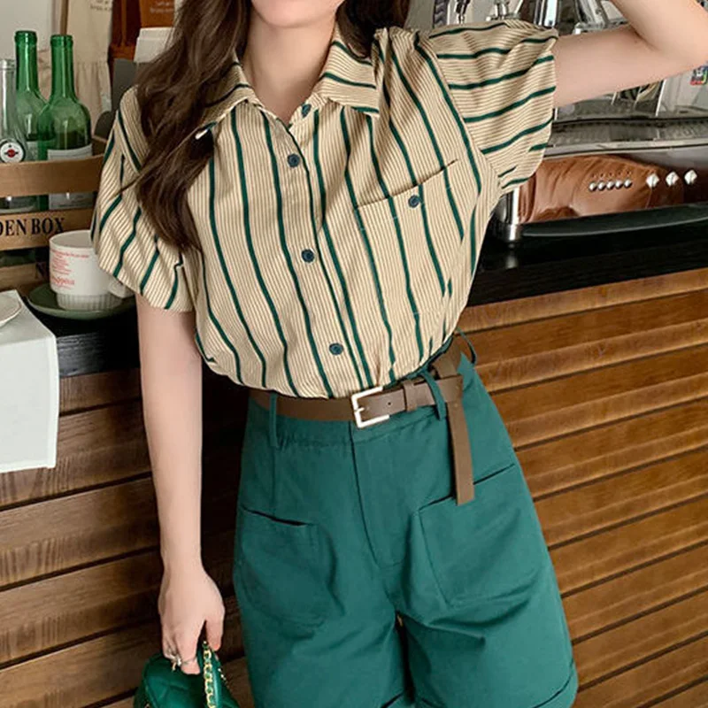 Hong Kong Style Retro Striped Blouse for Women Clothing Summer Polo-Neck Patchwork Pockets Short Sleeve Single Breasted Shirt