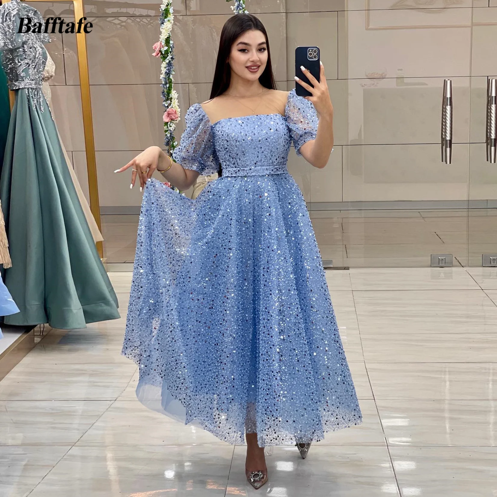 

Bafftafe Sparkly Sequin Midi Prom Dresses A Line Short Sleeves Formal Graduation Dress Ankle Length Special Wedding Party Gowns