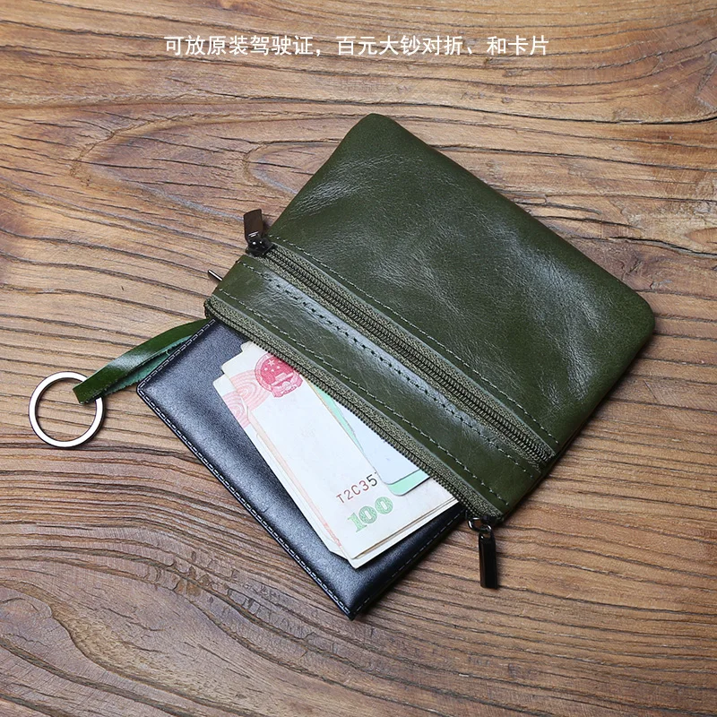 NZPJ Vintage Genuine Leather Men's Zero Wallet Natural Cowhide Zipper Key Bag Women's Bank Card Bag Mini Coin Bag  Card Holder