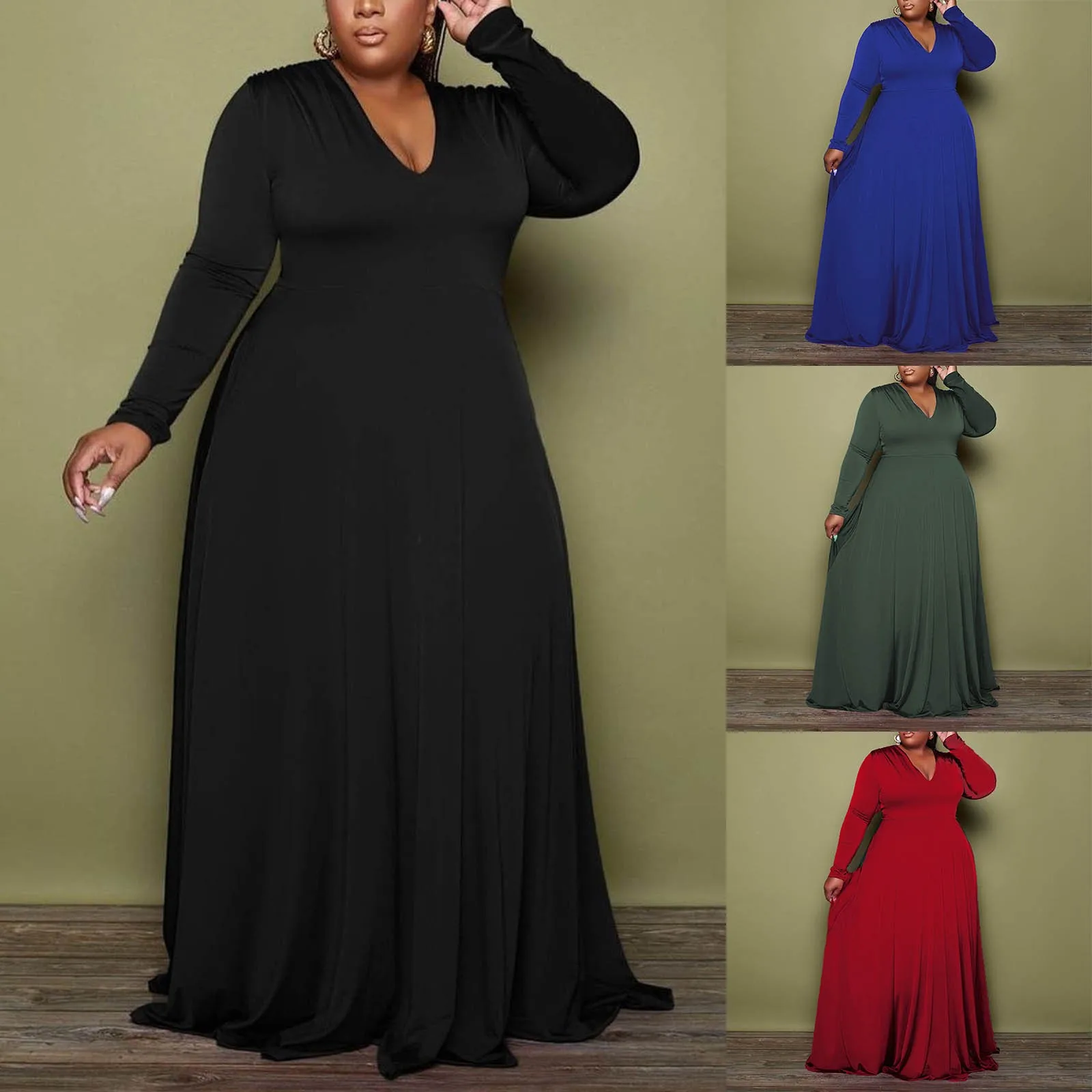 

Платье женское длинное с V-образным вырезом, повседневное свободное однотонное вечернее праздничное платье в пол с длинным рукавом и V-образным вырезом, для полных женщин