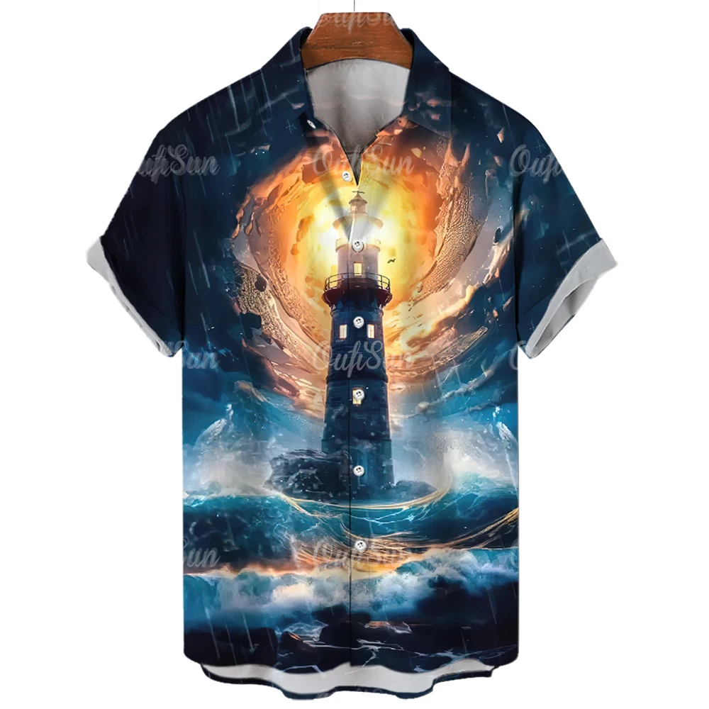 

Lighthouse Men'S Shirts Summer 3d Print 2023 Casual Fashion Hawaiian Shirts Man Street Button Short Sleeves Male Clothes Top Tee