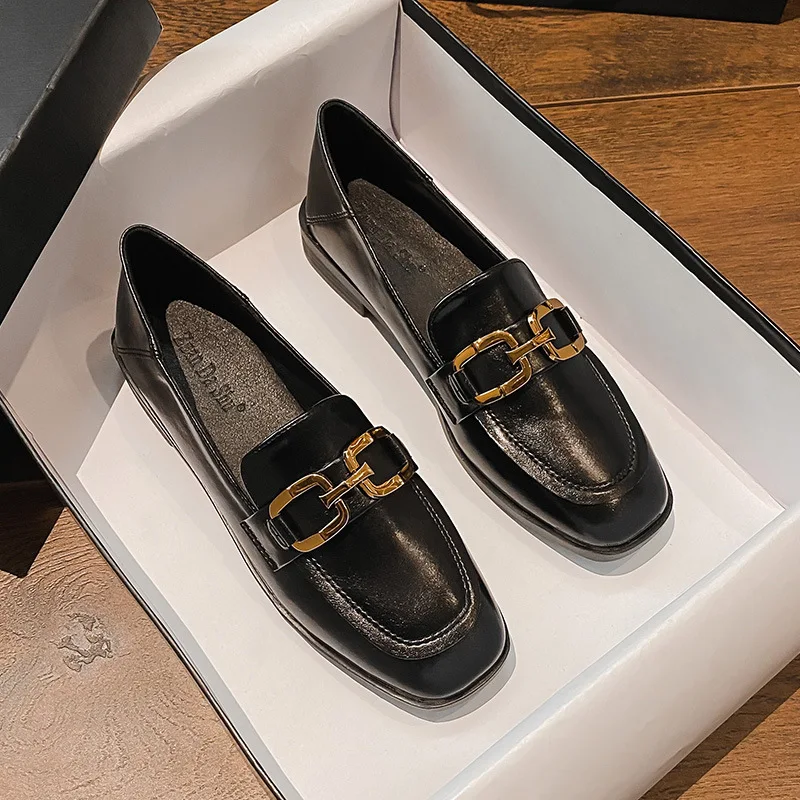 metal buckle oxford shoes for woman square toe slip on