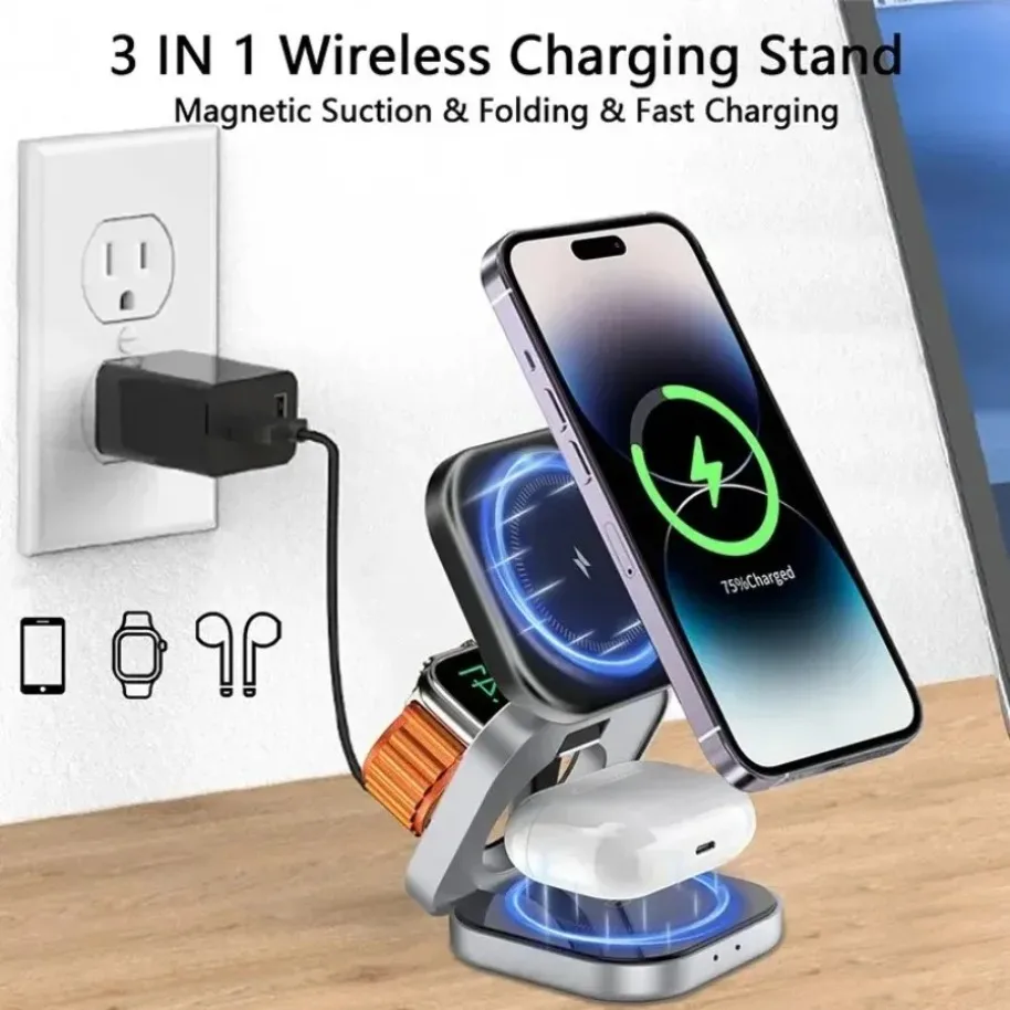 Foldable Magnetic Wireless Charger 3 In 1 Fast Charging Holder Stand For iPhone 17-12 Pro Max IWatch AirPods 3/2 Station Dock