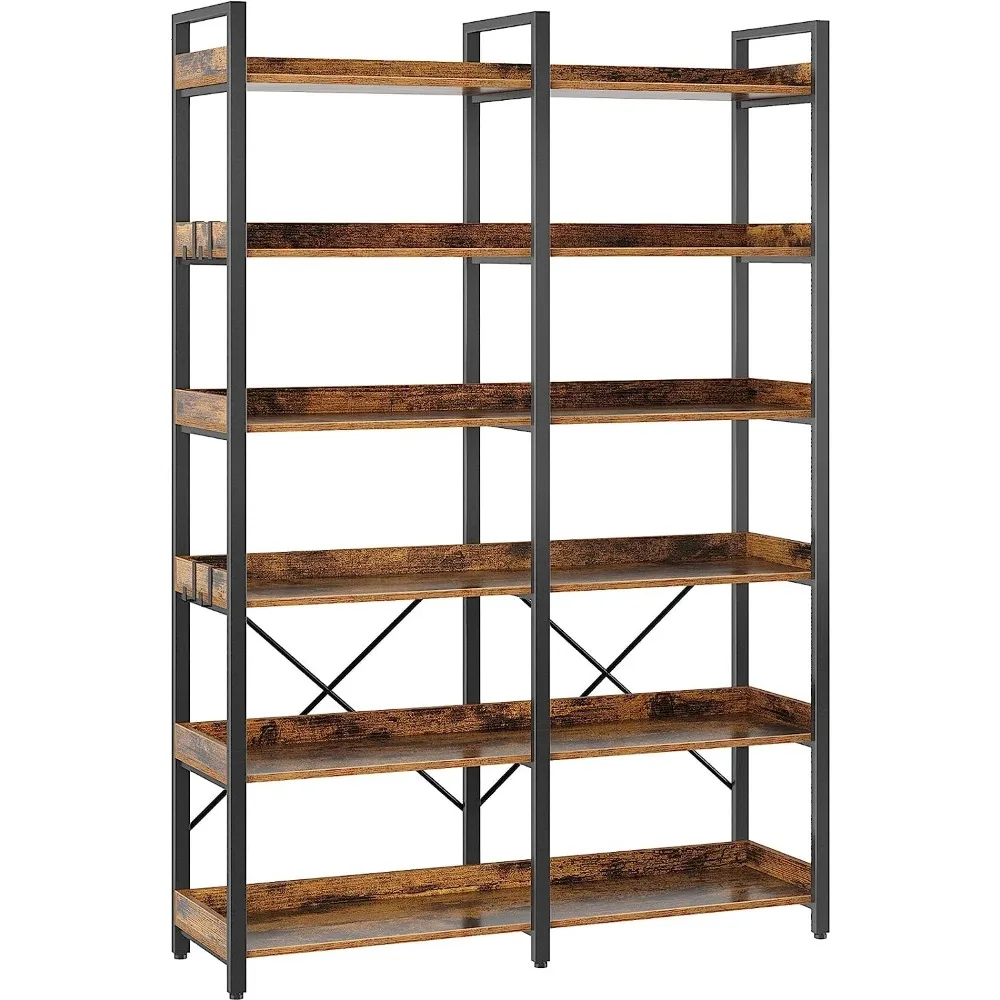 

Bookcase,6 Tier with 4 Hooks, 69” Industrial Wooden Bookcases, Vintage Storage Rack with Open Shelves,Bookcase
