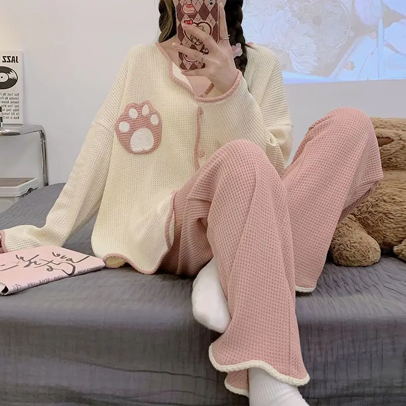 Waffle pajamas women spring autumn pure cotton new long-sleeved cartoon cute sweet style outer wear home clothes set freshing