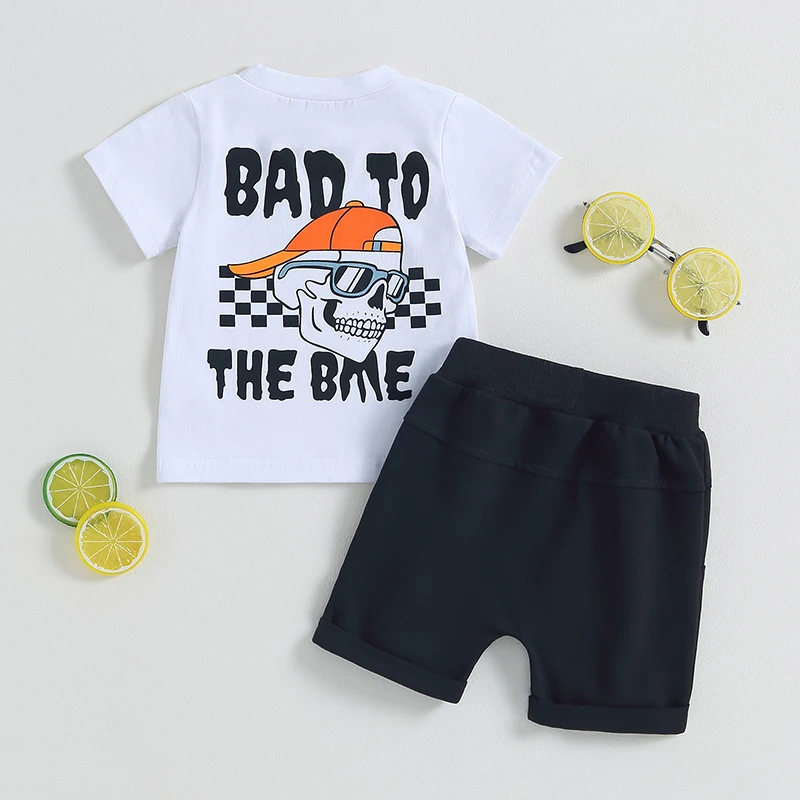 

2023-06-02 Lioraitiin 0-3Years Toddler Baby Boys 2Pcs Summer Shorts Set Short Sleeve Letters Skull Print T-shirt Shorts Outfit