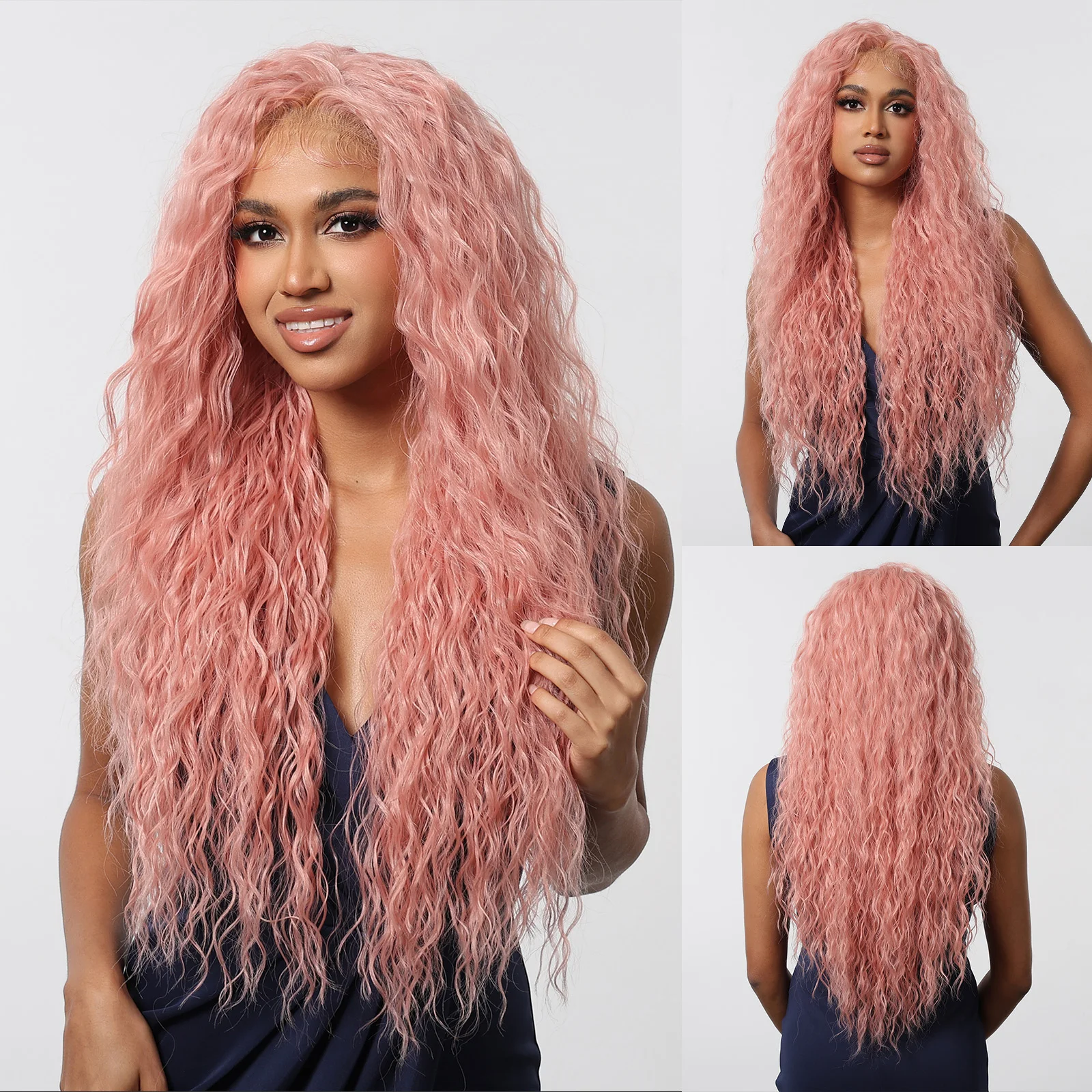Long Wavy Curly Lace Synthetic Wig Pink 13*6 Lace Synthetic Wigs Cosplay Party Use Natural Hair Heat Resistant Fiber
