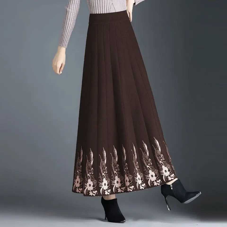 

New Knitted Women's A-line Skirt Mid Autumn Winter Long Hip High Waist Thickening Printed Skirt Girl's Knit Skirt Ladies U04