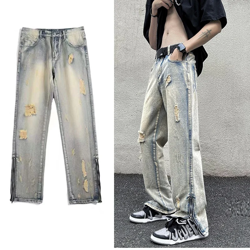 

2022 High Street Ripped Jeans Male Tide Brand Hip-hop Wide-leg Pants Summer Thin Section Straight Loose Casual Old Pants K640