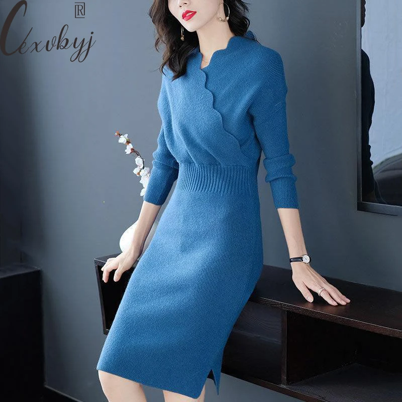 

Women Elegant Wavy V-Neck Knitted Dress Fall Winter Vintage Long Sleeve Bodycon Dress Korean Fashion Knee-Length Casual Vestidos
