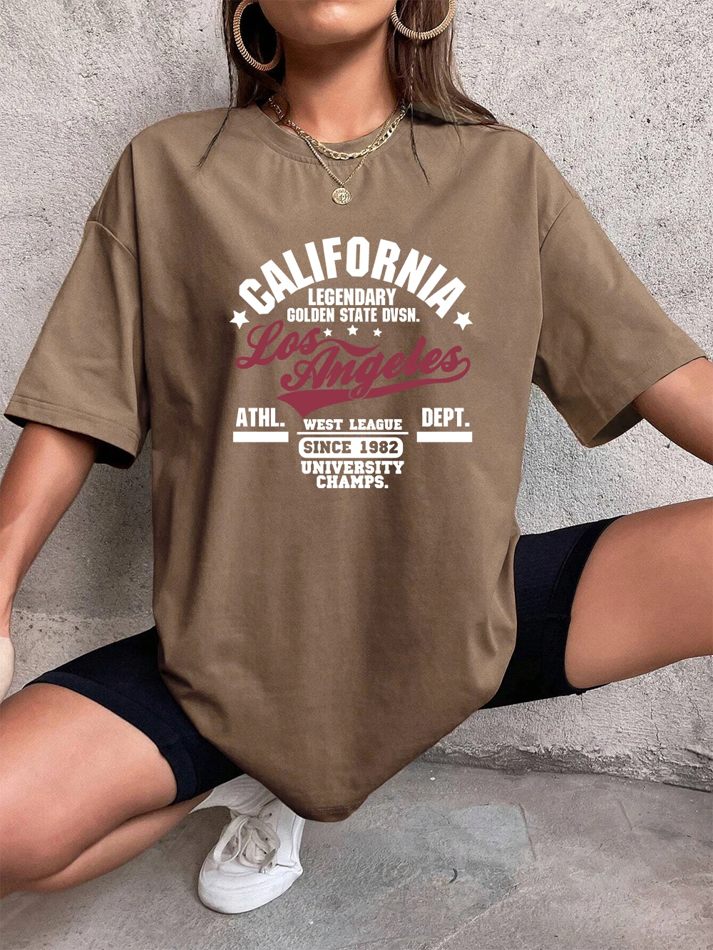 California Oakland Athletic Letter Prints T-Shirts Damen Sommer Baumwolle T-Shirt Lose O-Ausschnitt Weiche Bequeme Tops Freizeitkleidung – Detail 16