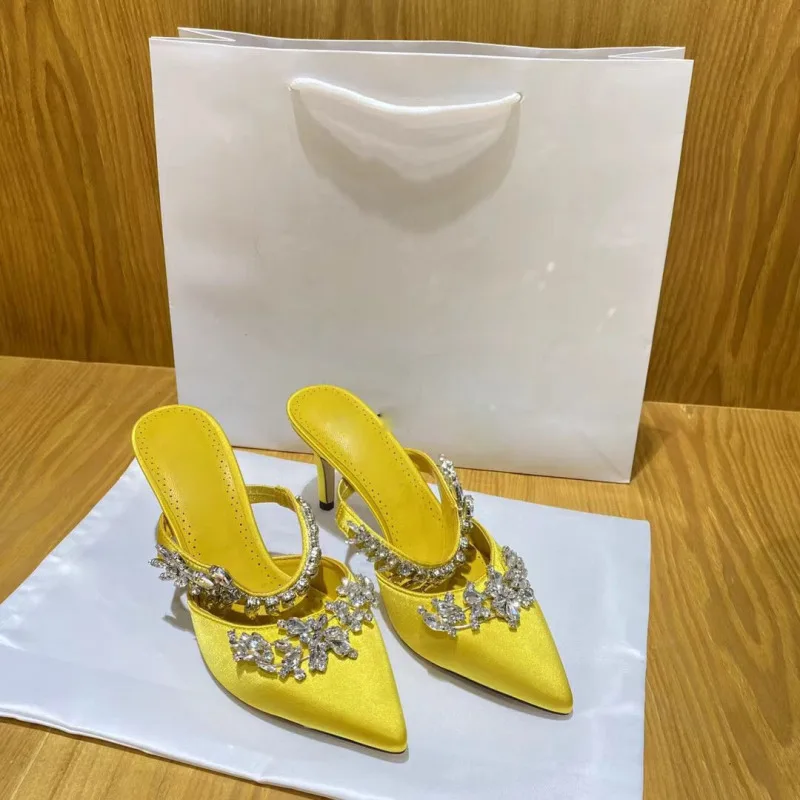 

2022 New Yellow Metal Decoration Crystal Silk Women Stripper High Heels Shoes 8CM Party Prom Lady Pumps Shoes Chaussure Femme