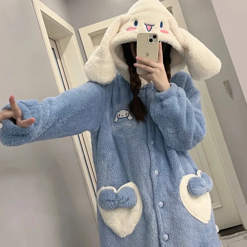 Sanrio Anime Girl Plush Pajamas Kuromi Cinnamoroll Winter Extra Thick Coral Fleece Home Clothing Nightdress Cloth