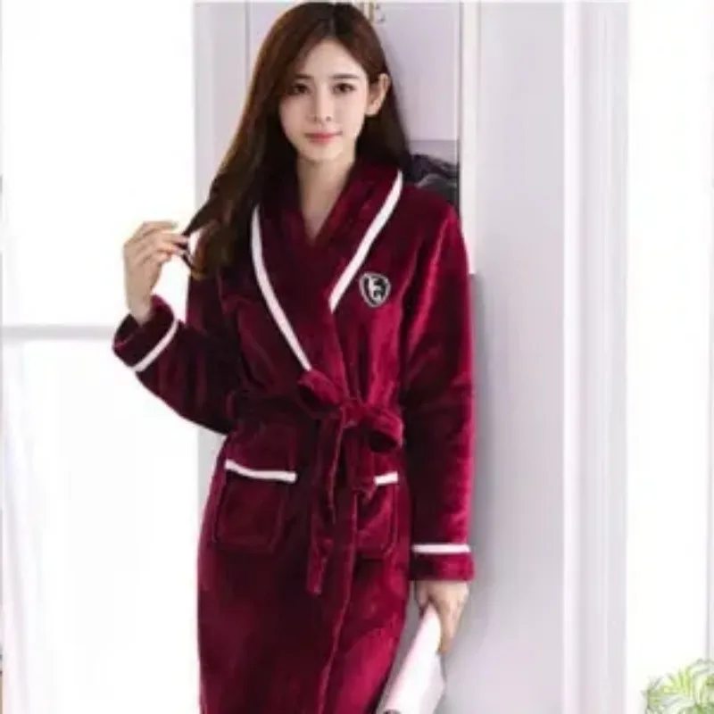 2024 New Autumn Winter Flannel Bathrobe Thickened Couple Women's Nightgown Long Sleeve Bathrobe Homewear Long Length Robe