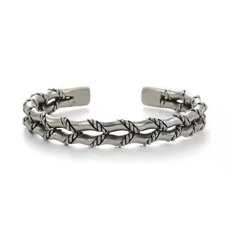 S925 Silver Thai Silver Hand Woven Double Layer Bamboo Bracelet Men's Personality Vintage Open Bangle Men's Hand Chain