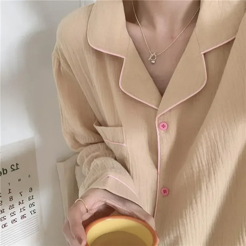 

Color Sleepwear Set Women's Pijama Pyjamas Woman Korean Home Cotton Spring Female Pajamas Yarn Solid 2 Nightwear Pieces Suit