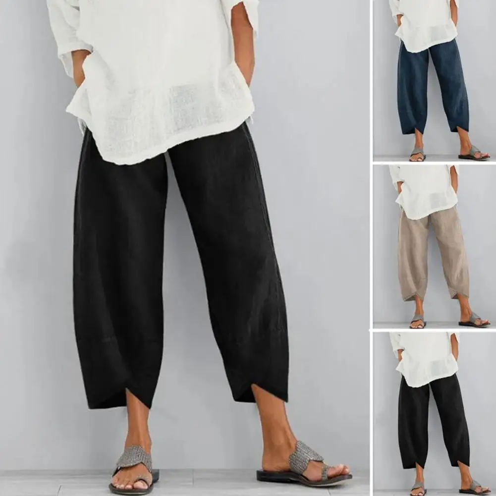 

Womens Solid Cotton Linen Pockets Baggy Casual Harem Pants Ladies Summer Classic Ankle-Length Trousers 2024