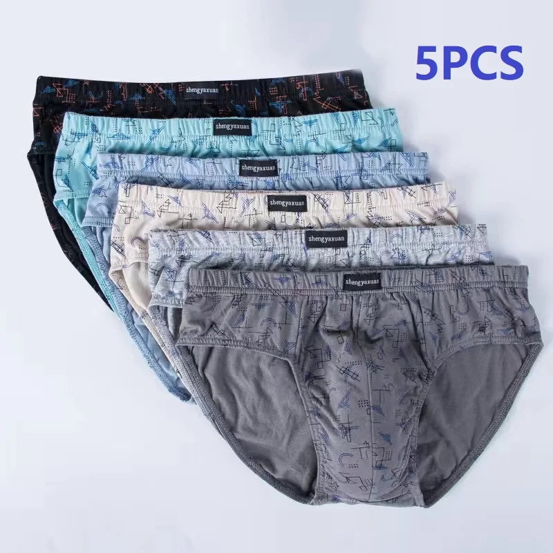 5Pcs/Lot Men Underwear Men's Briefs 100% Cotton Printed Loose PLUS Size Youth Shorts