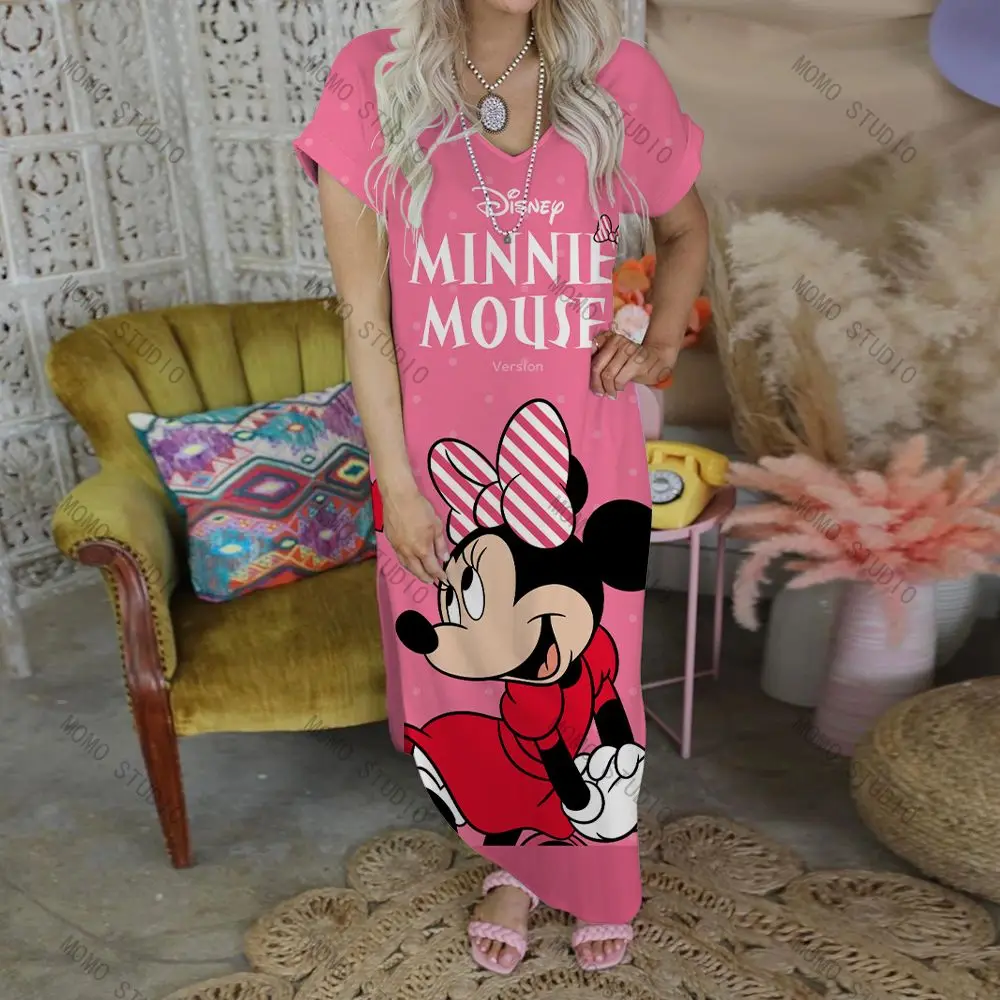 

Casual Summer Women's Dresses Leisure 2022 Minnie Mouse Maxi Dress Disney Sexy V-Neck Beach Mickey Y2k Clothes Cartoon Long Robe