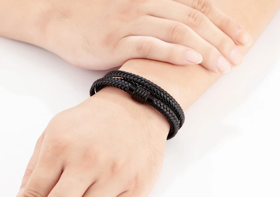 XQNI Neues Design Zwei Schichten Geflochtenes Seil Braun Schwarz Lederarmband Für Edelstahl Männer Armreifen Charme Schmuck Geburtstagsgeschenk – Detail 10