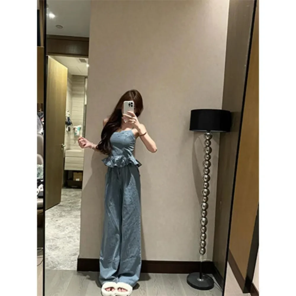 

Set of female waisted wooden earring denim camisole vest high waist loose casual wide-legged trousers sweet spicy girl retro