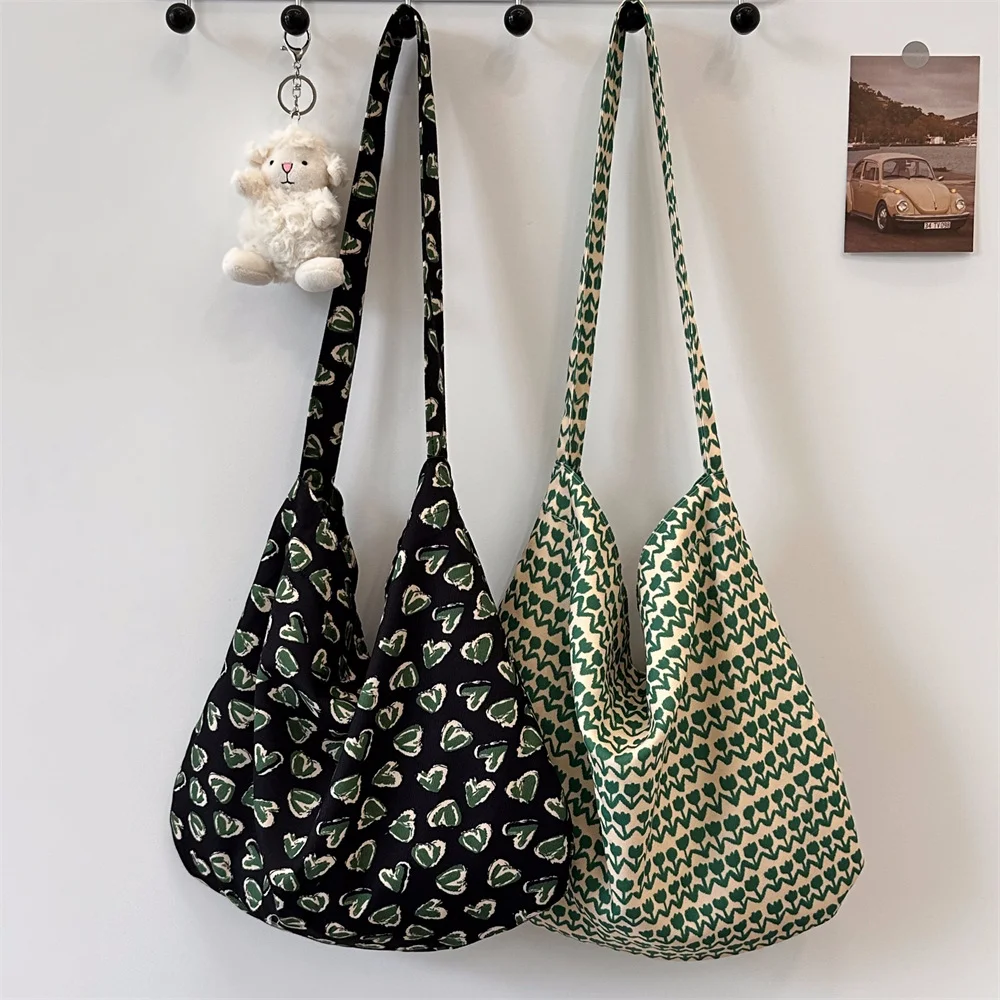Floral Canvas Shoulder Bag For Woman Flower Print Shopping Tote Versatile Open Top No Lining Spring Summer Crossbody Bag