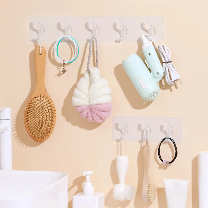 3/5/6 Hooks Transparent Holder Rack Bathroom Towel Sponge Storage Hanger Living Room Hat Clothes Seamless Hook Organiser