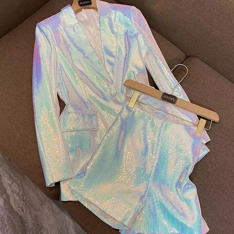 Sparkly Blazer Short Suit For Women 2025 Autumn Turn-down Collar Blazer Jaclets And Shorts Ladies 2 Piece Sets Outfits