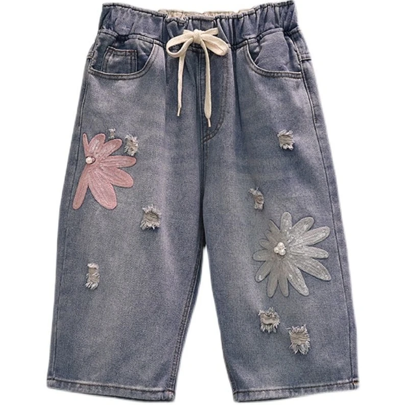 Slimming Daisy Embroidered Harlan Jeans Five-Quarter Length Universal Sle Women's Faionable Summer Elastic Waist Denim Pants