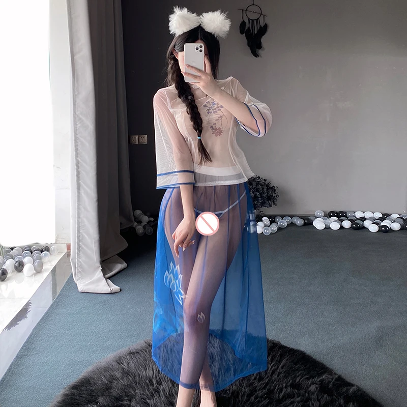 

Women Sexy Cosplay Lingerie Female Han Costume Uniform Transparent Top Skirt Suit Set Pajama Night Club Pool Wear for Girls