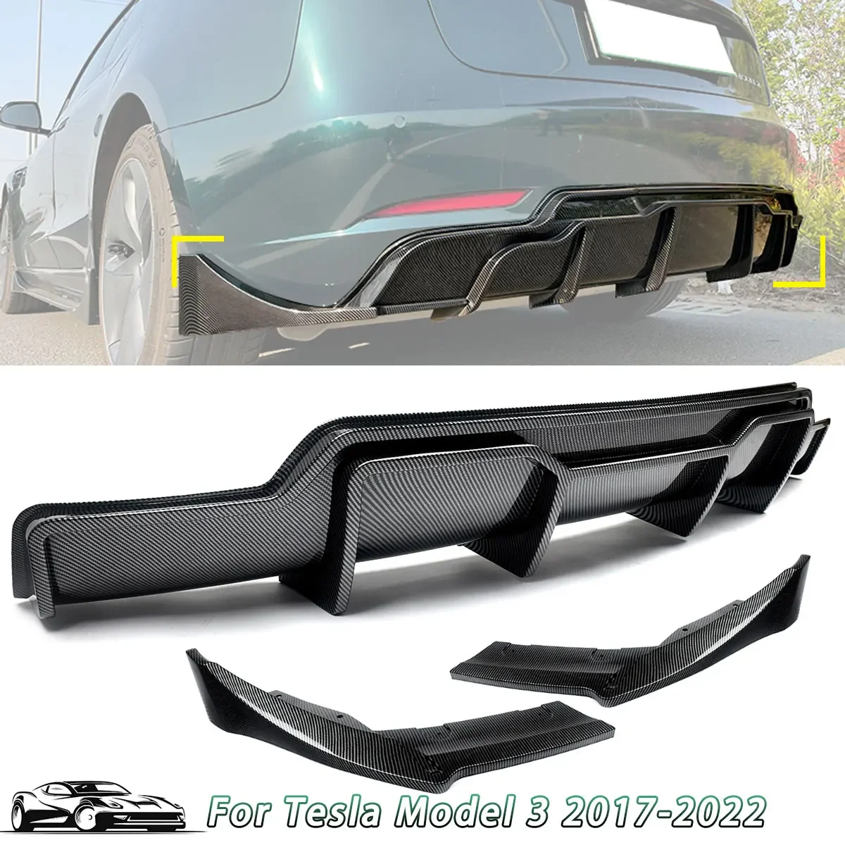 

For Tesla Model 3 Sedan 2017-2022 Rear Bumper Diffuser Lip ABS Carbon Fiber Look Side Splitter Guard Plate Cover Chin Lid