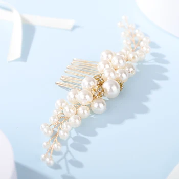 Pearl Gold Rhinestone Wedding Headpiece Handmade Bridal Hair Comb for Women and Girls Party Hair Accessories Jewelry Bride Tiara