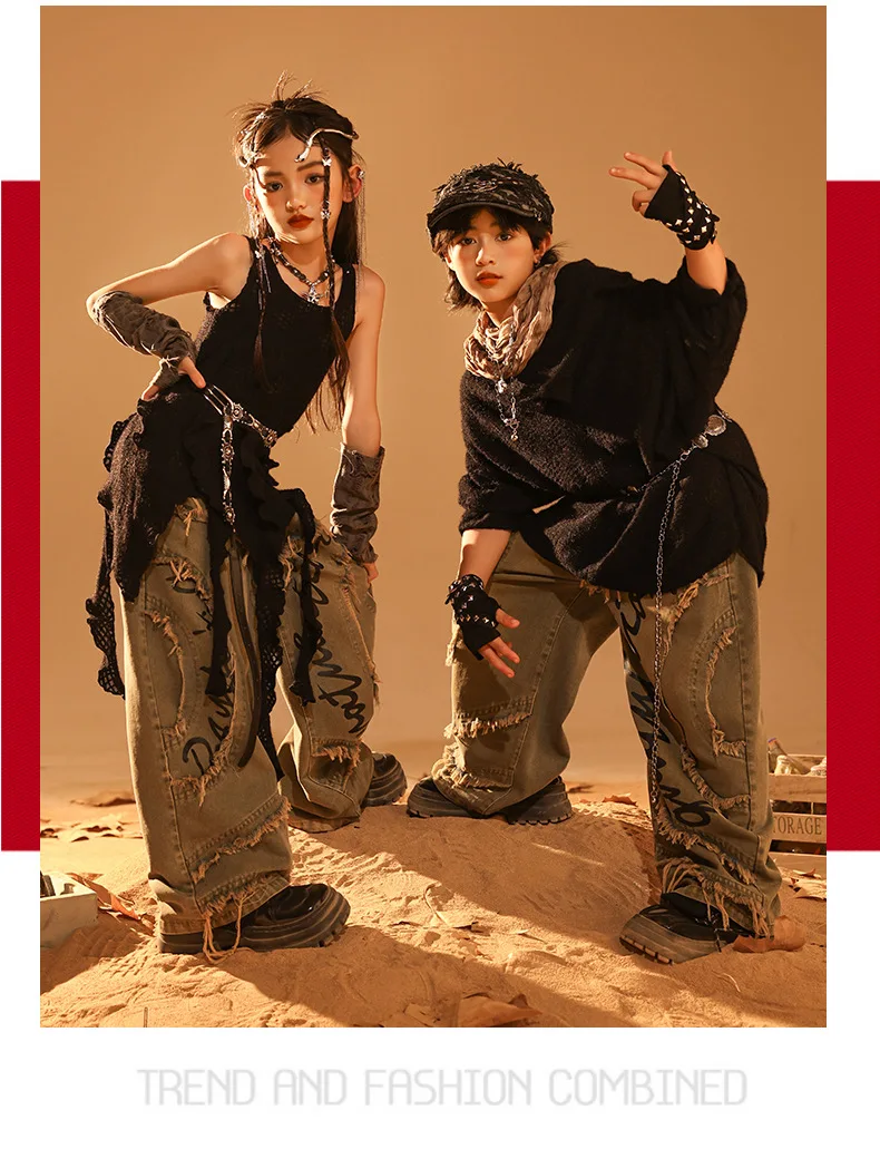 Girls Wasteland Street Dance Knitted Tank Top Jeans Boys Hip Hop Hoodies Clothes Sets Kids Jazz Costume Children Punk Streetwear S2b0ac85b73ec4544bf550187ccb8a7daM