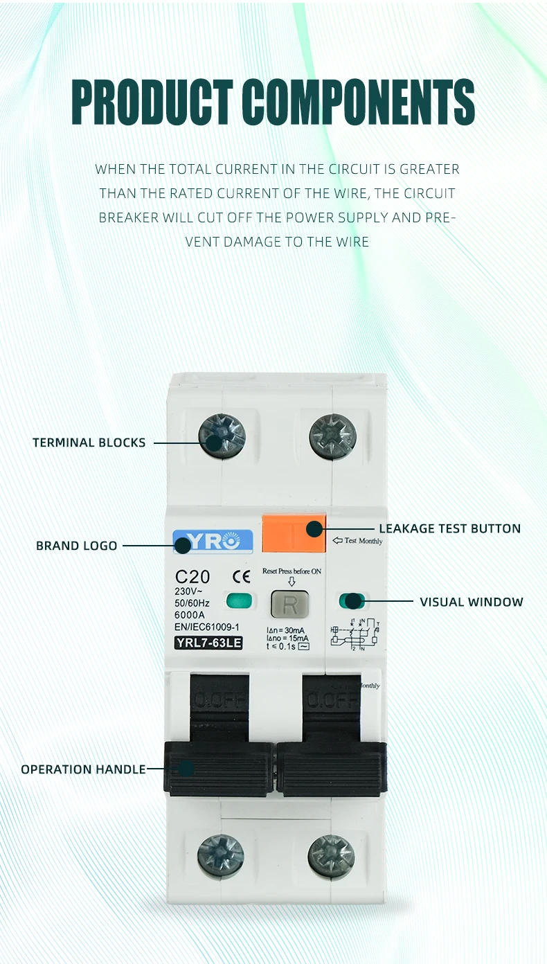 RCBO 1P+N 3P+N 6KA AC type Residual Current Circuit Breaker Operator with over c