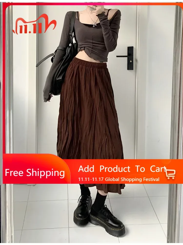 

2023 Autumn New White Pleated Half Skirt For Women With Gentle Texture & High Waist Mid-calf A-line Folds Long Dress
