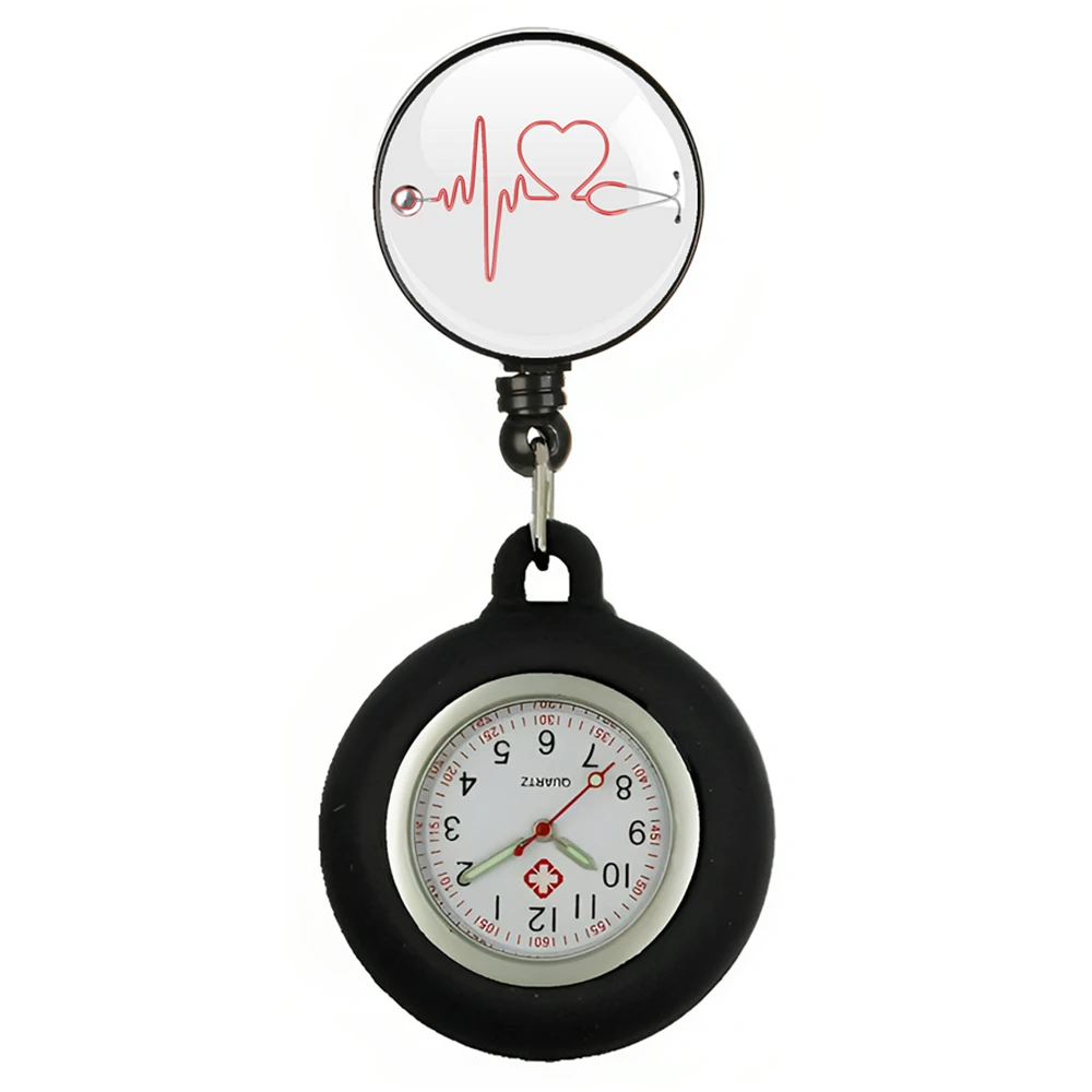 Pocket Watch Hospital Health Care Medical Nurse Doctor Love Heart Beat Stethoscope Retractable Badge Reel Clip Hang FOB Pocket Watches Clock