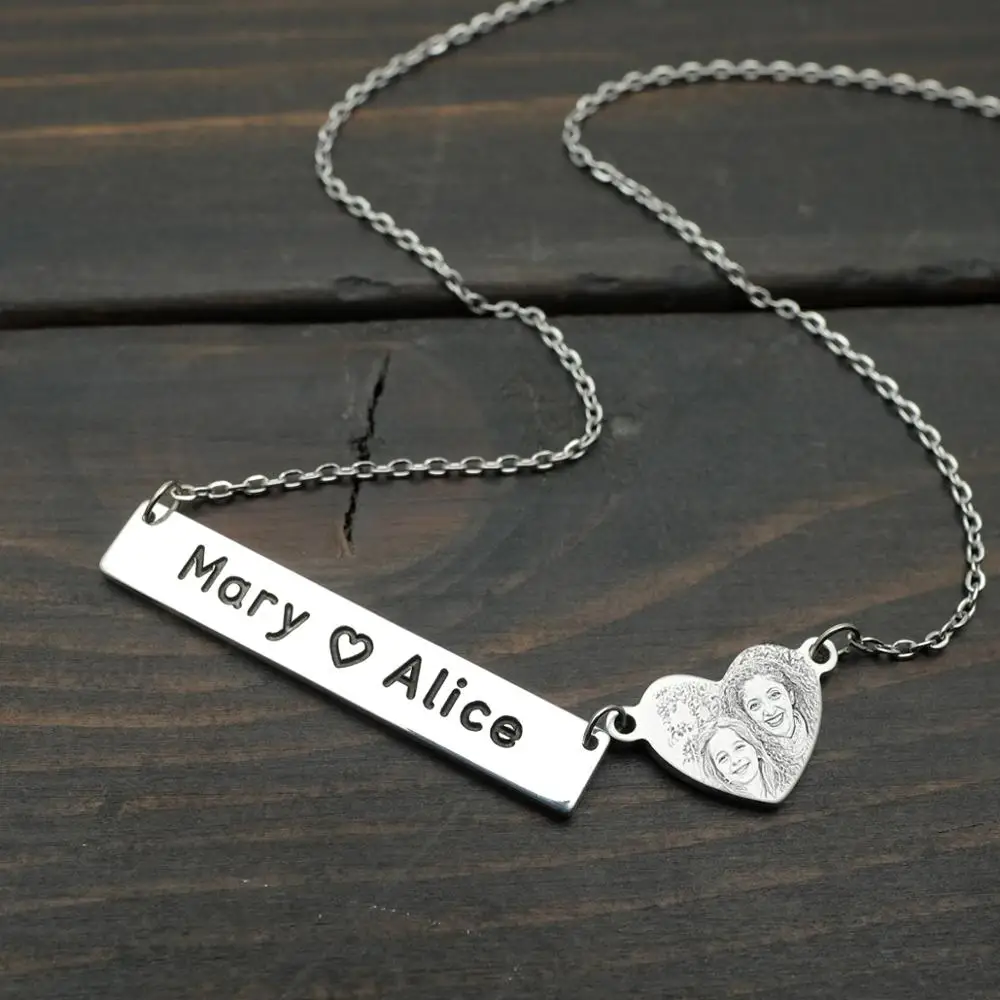 

Custom Portrait Jewelry YourPhoto Bar Necklace Personalized Photo Necklace Heart Charm Necklace Nameplate Jewelry Mom gift