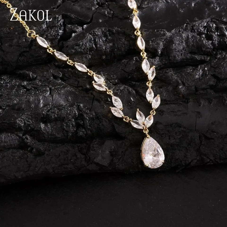 ZAKOL Verlobte Braut Hochzeit Blätter Form Zirkon Anhänger Halskette Für Frauen Luxus Temperament Charme Schmuck Geschenk Zubehör