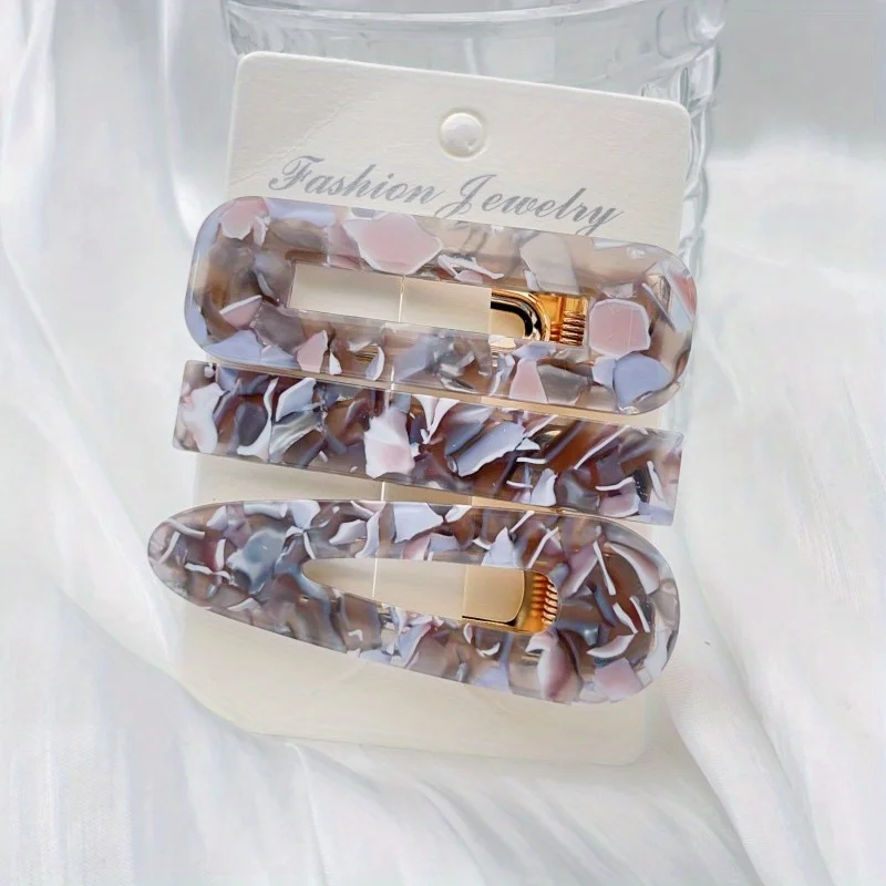 3-teiliges Set Acetat-Haarspangen: Hohle Wassertropfen-Form, Lange Streifen-Haarspange, Einfache Entenschnabel-Klammer, Leoparden-Haarspange, Geometrische Haarspange – Detail 14