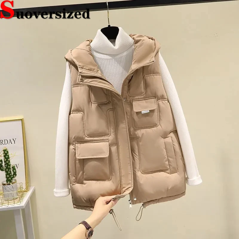 

Thicken Hooded Down Cotton Vest Khaki Classic Winter Waistcoat Warm Snow Wear Sleeveless Jackets Korean Fashion Women Chaquetas