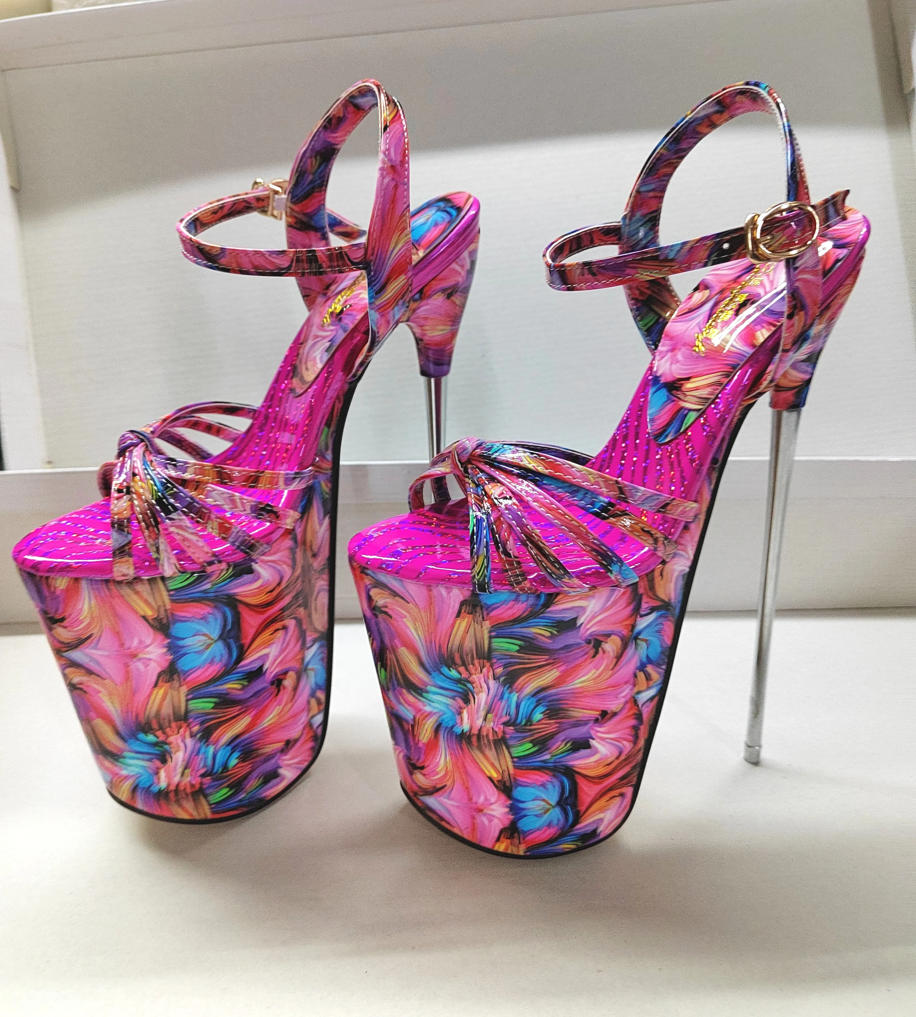 Summer 19cm Metal Thin High Heels Sandals Female Platform Women's Shoes Narrow Band Steel Pipe Dance Buckle SM Stripper Pumps 6
