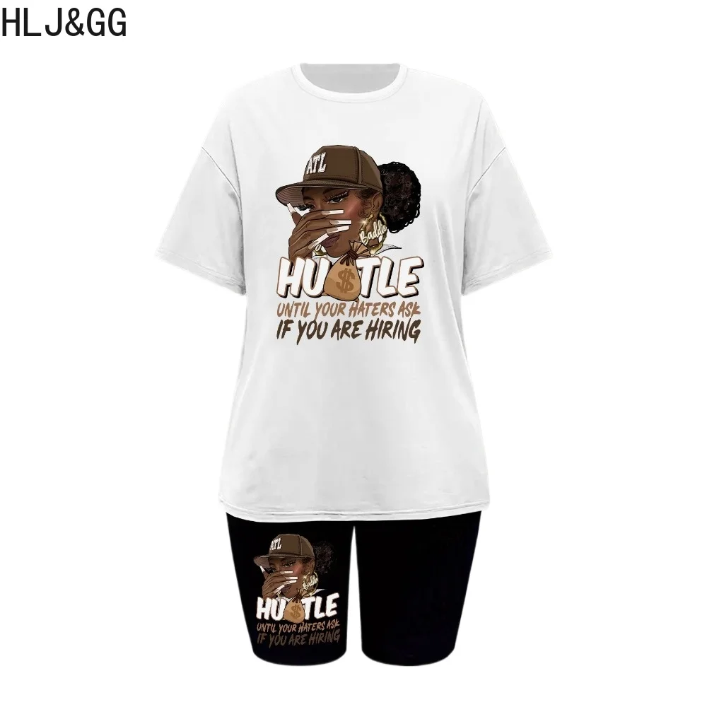 HLJ&GG White Fashion Trend Pattern Letter Printing Two Piece Sets Women Round Neck Short Sleeve Tshirt And Biker Shorts Outfits