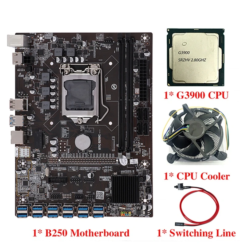 B250C BTC Mining Motherboard with G3900 CPU+Cooling Fan+Switch Cable+SATA Cable 12 USB3.0 Slot LGA1151 DDR4 RAM SATA3.0 best computer motherboard for gaming