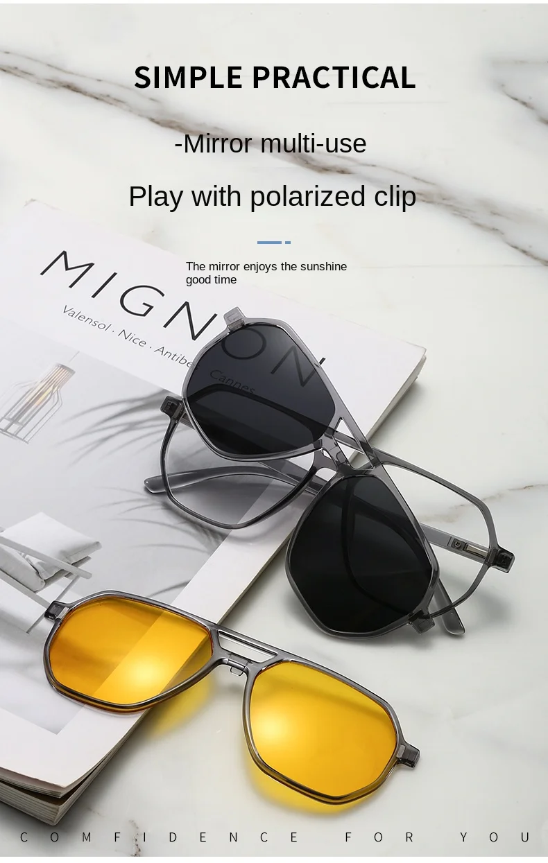 Neue Magnetische Clip-On Sonnenbrille mit Polarisierten Nachtsichtgläsern, Fahrerbrille mit Getönten Gläsern und Transparentem Grauen Rahmen – Detail 5